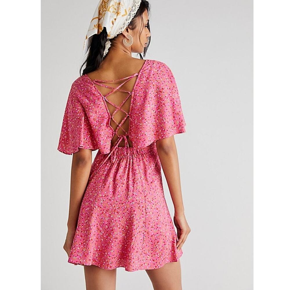 Free People Florence Lace-up-Back Mini Dress Pink Floral Small NWT